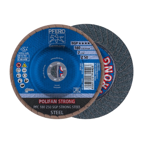 Pferd 7" x 7/8" A.H. POLIFAN Flap Disc - Z SGP STRONG STEEL, Zirconia, 50 Grit, Conical 62977 - main